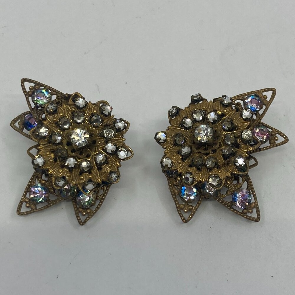 Vtg Stanley Hagler brass filigree rhinestone earrings